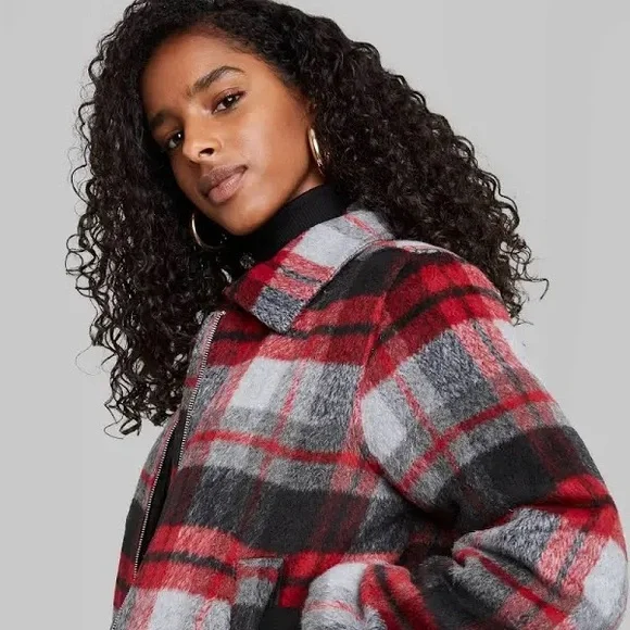Wild Fable Red Plaid Bomber Jacket w/ Removable Fleece Collar - Picture 4 of 9
